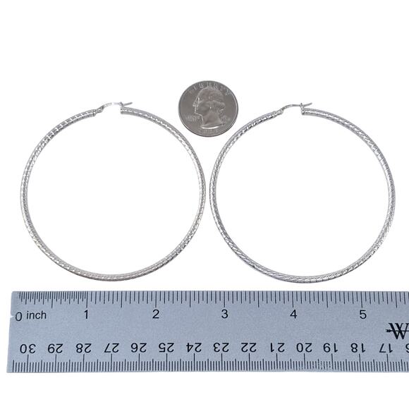 Estate Italy Sterling Silver 925 7cm Textured Hoop Earrings - Picture 6 of 7